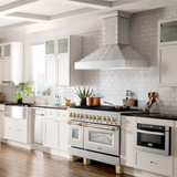 ZLINE 5-Piece Appliance Package - 48-Inch Legacy Autograph Dual Fuel Range, Wall Mount Range Hood, 36-Inch French Door Refrigerator, Dishwasher, and 30-Inch Microwave Drawer in Stainless Steel with Gold Accents