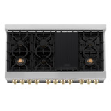 ZLINE 5-Piece Appliance Package - 48-Inch Legacy Autograph Dual Fuel Range, Wall Mount Range Hood, 36-Inch French Door Refrigerator, Dishwasher, and 30-Inch Microwave Drawer in Stainless Steel with Gold Accents