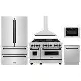 ZLINE 5-Piece Appliance Package - 48-Inch Legacy Autograph Dual Fuel Range, Wall Mount Range Hood, 36-Inch French Door Refrigerator, Dishwasher, and 24-Inch Microwave Drawer in Stainless Steel with Matte Black Accents