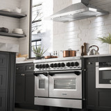 ZLINE 5-Piece Appliance Package - 48-Inch Legacy Autograph Dual Fuel Range, Wall Mount Range Hood, 36-Inch French Door Refrigerator, Dishwasher, and 24-Inch Microwave Drawer in Stainless Steel with Matte Black Accents
