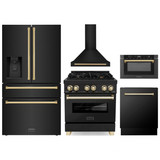 ZLINE 5-Piece Appliance Package - 30-Inch Legacy Dual Fuel Range, Wall Mount Range Hood, 36-Inch French Door Refrigerator with Water Dispenser, Dishwasher, and 24-Inch Microwave Drawer in Black Stainless Steel with Gold Accents
