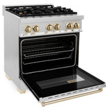 ZLINE 4-Piece Appliance Package - 30-Inch Legacy Autograph Dual Fuel Range, Wall Mount Range Hood, 36-Inch French Door Refrigerator, Dishwasher, in Stainless Steel with Gold Accents