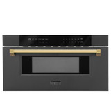 ZLINE 5-Piece Appliance Package - 30-Inch Autograph Edition Dual Fuel Range, Wall Mount Range Hood, 36-Inch French Door Refrigerator, Dishwasher, and 30-Inch Microwave Drawer in Black Stainless Steel with Gold Accents