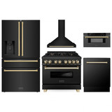 ZLINE 5-Piece Appliance Package - 36-Inch Legacy Dual Fuel Range, Wall Mount Range Hood, 36-Inch French Door Refrigerator with Water Dispenser, Dishwasher, and 30-Inch Microwave Drawer in Black Stainless Steel with Gold Accents
