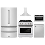 ZLINE 5-Piece Appliance Package - 30-Inch Paramount Gas Range, Wall Mount Range Hood, 36-Inch French Door Refrigerator, Dishwasher, and 24-Inch Microwave Drawer in Stainless Steel