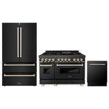 ZLINE 3-Piece Appliance Package - 48-Inch Legacy Dual Fuel Range, 36-Inch French Door Refrigerator, Dishwasher, in Black Stainless Steel with Gold Accents
