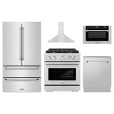 ZLINE 5-Piece Appliance Package - 30-Inch Paramount Dual Fuel Range, Wall Mount Range Hood, 36-Inch French Door Refrigerator, Dishwasher, and 24-Inch Microwave Drawer in Stainless Steel