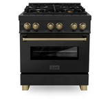 ZLINE 3-Piece Appliance Package - 30-Inch Legacy Dual Fuel Range, 36-Inch French Door Refrigerator, Dishwasher, in Black Stainless Steel with Champagne Bronze Accents