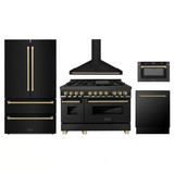 ZLINE 5-Piece Appliance Package - 48-Inch Legacy Dual Fuel Range, Wall Mount Range Hood, 36-Inch French Door Refrigerator, Dishwasher, and 24-Inch Microwave Drawer in Black Stainless Steel with Champagne Bronze Accents
