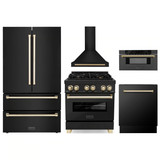 ZLINE 5-Piece Appliance Package - 30-Inch Legacy Dual Fuel Range, Wall Mount Range Hood, 36-Inch French Door Refrigerator, Dishwasher, and 30-Inch Microwave Drawer in Black Stainless Steel with Gold Accents