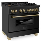 ZLINE 5-Piece Appliance Package - 36-Inch Legacy Dual Fuel Range, Wall Mount Range Hood, 36-Inch French Door Refrigerator with Water Dispenser, Dishwasher, and 30-Inch Microwave Drawer in Black Stainless Steel with Champagne Bronze Accents