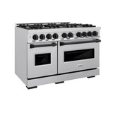 ZLINE 5-Piece Appliance Package - 48-Inch Autograph Edition Gas Range, Wall Mount Range Hood, 36-Inch French Door Refrigerator with Water Dispenser, Dishwasher, and 30-Inch Microwave Drawer in Stainless Steel Matte Black Accents