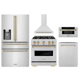ZLINE 5-Piece Appliance Package - 30-Inch Autograph Edition Gas Range, Wall Mount Range Hood, 36-Inch French Door Refrigerator with Water Dispenser, Dishwasher, and 30-Inch Microwave Drawer in Stainless Steel with Champagne Bronze Accents
