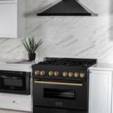 ZLINE 5-Piece Appliance Package - 36-Inch Legacy Dual Fuel Range, Wall Mount Range Hood, 36-Inch French Door Refrigerator with Water Dispenser, Dishwasher, and 24-Inch Microwave Drawer in Black Stainless Steel with Champagne Bronze Accents