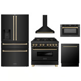 ZLINE 5-Piece Appliance Package - 36-Inch Legacy Dual Fuel Range, Wall Mount Range Hood, 36-Inch French Door Refrigerator with Water Dispenser, Dishwasher, and 24-Inch Microwave Drawer in Black Stainless Steel with Champagne Bronze Accents