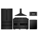 ZLINE 5-Piece Appliance Package - 48-Inch Classic Dual Fuel Range, Wall Mount Range Hood, 36-Inch French Door Refrigerator, Dishwasher, and 30-Inch Microwave Drawer in Black Stainless Steel
