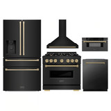 ZLINE 5-Piece Appliance Package - 36-Inch Autograph Edition Dual Fuel Range, Wall Mount Range Hood, 36-Inch French Door Refrigerator with Water Dispenser, Dishwasher, and 30-Inch Microwave Drawer in Black Stainless Steel with Champagne Bronze Accents