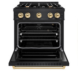ZLINE 5-Piece Appliance Package - 30-Inch Autograph Edition Gas Range, Wall Mount Range Hood, 36-Inch French Door Refrigerator with Water Dispenser, Dishwasher, and 30-Inch Microwave Drawer in Black Stainless Steel with Gold Accents