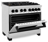 ZLINE 5-Piece Appliance Package - 36-Inch Legacy Autograph Dual Fuel Range, Wall Mount Range Hood, 36-Inch French Door Refrigerator, Dishwasher, and 24-Inch Microwave Drawer in Stainless Steel with Matte Black Accents