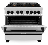 ZLINE 5-Piece Appliance Package - 36-Inch Legacy Autograph Dual Fuel Range, Wall Mount Range Hood, 36-Inch French Door Refrigerator, Dishwasher, and 24-Inch Microwave Drawer in Stainless Steel with Matte Black Accents