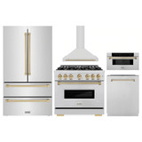 ZLINE 5-Piece Appliance Package - 36-Inch Autograph Edition Dual Fuel Range, Wall Mount Range Hood, 36-Inch French Door Refrigerator, Dishwasher, and 30-Inch Microwave Drawer in Stainless Steel with Champagne Bronze Accents