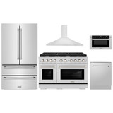 ZLINE 5-Piece Appliance Package - 48-Inch Paramount Dual Fuel Range, Wall Mount Range Hood, 36-Inch French Door Refrigerator, Dishwasher, and 24-Inch Microwave Drawer in Stainless Steel