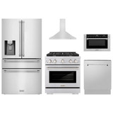 ZLINE 5-Piece Appliance Package - 30-Inch Paramount Gas Range, Wall Mount Range Hood, 36-Inch French Door Refrigerator with Water Dispenser, Dishwasher, and 24-Inch Microwave Drawer in Stainless Steel
