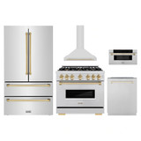 ZLINE 5-Piece Appliance Package - 36-Inch Autograph Edition Gas Range, Wall Mount Range Hood, 36-Inch French Door Refrigerator, Dishwasher, and 30-Inch Microwave Drawer in Stainless Steel with Gold Accents