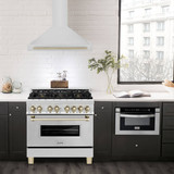 ZLINE 5-Piece Appliance Package - 36-Inch Autograph Edition Gas Range, Wall Mount Range Hood, 36-Inch French Door Refrigerator, Dishwasher, and 30-Inch Microwave Drawer in Stainless Steel with Gold Accents