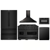 ZLINE 5-Piece Appliance Package - 48-Inch Gas Range, Hood, Refrigerator, Dishwasher, and Microwave Drawer in Black Stainless Steel