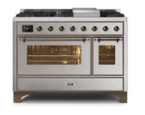 ILVE 48 Inch Majestic II Series Freestanding Dual Fuel Double Oven Range with 8 Sealed Burners, Triple Glass Cool Door, Convection Oven (UM12FDNS)