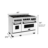 ZLINE Autograph Edition 4-Piece Appliance Package - 48-Inch Stainless Steel Gas Range, Refrigerator with Water Dispenser, Wall Mounted Range Hood, & 24-Inch Tall Tub Dishwasher in White Matte and Matte Black Accents (4AKPR-SGRWMRHDWM48-MB)