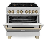 ZLINE Autograph Edition 4-Piece Appliance Package - 36-Inch Dual Fuel Range, Refrigerator, Wall Mounted Range Hood, and 24-Inch Tall Tub Dishwasher in Stainless Steel with Champagne Bronze Trim (4KAPR-RARHDWM36-CB)