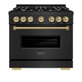 ZLINE 5-Piece Appliance Package - 36-Inch Dual Fuel Range, Hood, Refrigerator with Water Dispenser, Dishwasher, and Microwave Drawer in Black Stainless Steel with Champagne Bronze Accents
