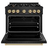 ZLINE 5-Piece Appliance Package - 36-Inch Dual Fuel Range, Hood, Refrigerator with Water Dispenser, Dishwasher, and Microwave Drawer in Black Stainless Steel with Champagne Bronze Accents