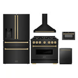 ZLINE 5-Piece Appliance Package - 36-Inch Dual Fuel Range, Hood, Refrigerator with Water Dispenser, Dishwasher, and Microwave Drawer in Black Stainless Steel with Champagne Bronze Accents