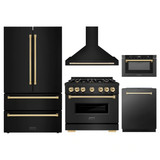 ZLINE 5-Piece Appliance Package - 36-Inch Dual Fuel Range, Hood, Refrigerator, Dishwasher, and Microwave Drawer in Black Stainless Steel with Gold Accents