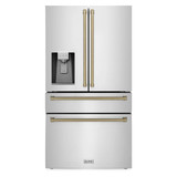 ZLINE Autograph Edition 4-Piece Appliance Package - 48-Inch Dual Fuel Range, Refrigerator with Water Dispenser, Wall Mounted Range Hood, & 24-Inch Tall Tub Dishwasher in Stainless Steel with Champagne Bronze Trim (4AKPR-RARHDWM48-CB)