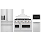ZLINE 5-Piece Appliance Package - 48-Inch Dual Fuel Range, Hood, Refrigerator with Water Dispenser, Dishwasher, and Microwave Drawer in Stainless Steel