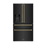 ZLINE Autograph 36-Inch Counter-Depth Fridge w/ Water Dispenser in Black Stainless Steel & Gold Helix Handles (RFMZ-W-36-BS-KG)