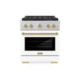 ZLINE Autograph Edition 30-Inch 4.2 cu. ft. Paramount Gas Range with 4 Burner DuoPro™ Cooktop and Convection Gas Oven in Satin Stainless Steel with White Matte Door and Champagne Bronze Accents (PSGRSZ-WM-30-CB)