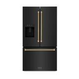 ZLINE Autograph 36-Inch Standard-Depth French Door Refrigerator with External Water Dispenser & Dual Ice Maker in Black Stainless Steel with Gold Helix Handles (RSMZ-W-36-BS-KG)