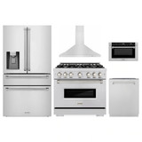 ZLINE 5-Piece Appliance Package - 36-Inch Gas Range, Hood, Refrigerator with Water Dispenser, Dishwasher, and Microwave Drawer in Stainless Steel