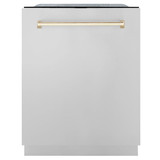 ZLINE Autograph Edition 4-Piece Appliance Package - 48-Inch Gas Range, Refrigerator, Wall Mounted Range Hood, & 24-Inch Tall Tub Dishwasher in Stainless Steel with Gold Trim (4AKPR-SGRRHDWM48-G)