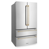 ZLINE Autograph Edition 4-Piece Appliance Package - 48-Inch Gas Range, Refrigerator, Wall Mounted Range Hood, & 24-Inch Tall Tub Dishwasher in Stainless Steel with Gold Trim (4AKPR-SGRRHDWM48-G)