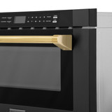ZLINE 5-Piece Appliance Package - 36-Inch Dual Fuel Range, Hood, Refrigerator with Water Dispenser, Dishwasher, and Microwave Drawer in Black Stainless Steel with Gold Accents