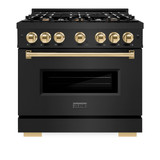 ZLINE 5-Piece Appliance Package - 36-Inch Dual Fuel Range, Hood, Refrigerator with Water Dispenser, Dishwasher, and Microwave Drawer in Black Stainless Steel with Gold Accents