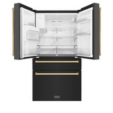 ZLINE 5-Piece Appliance Package - 36-Inch Dual Fuel Range, Hood, Refrigerator with Water Dispenser, Dishwasher, and Microwave Drawer in Black Stainless Steel with Gold Accents