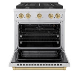 ZLINE Autograph Edition 4-Piece Appliance Package - 30-Inch Gas Range, Refrigerator, Wall Mounted Range Hood, & 24-Inch Tall Tub Dishwasher in Stainless Steel with Champagne Bronze Trim (4KAPR-SGRRHDWM30-CB)
