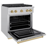 ZLINE Autograph Edition 4-Piece Appliance Package - 30-Inch Gas Range, Refrigerator, Wall Mounted Range Hood, & 24-Inch Tall Tub Dishwasher in Stainless Steel with Champagne Bronze Trim (4KAPR-SGRRHDWM30-CB)